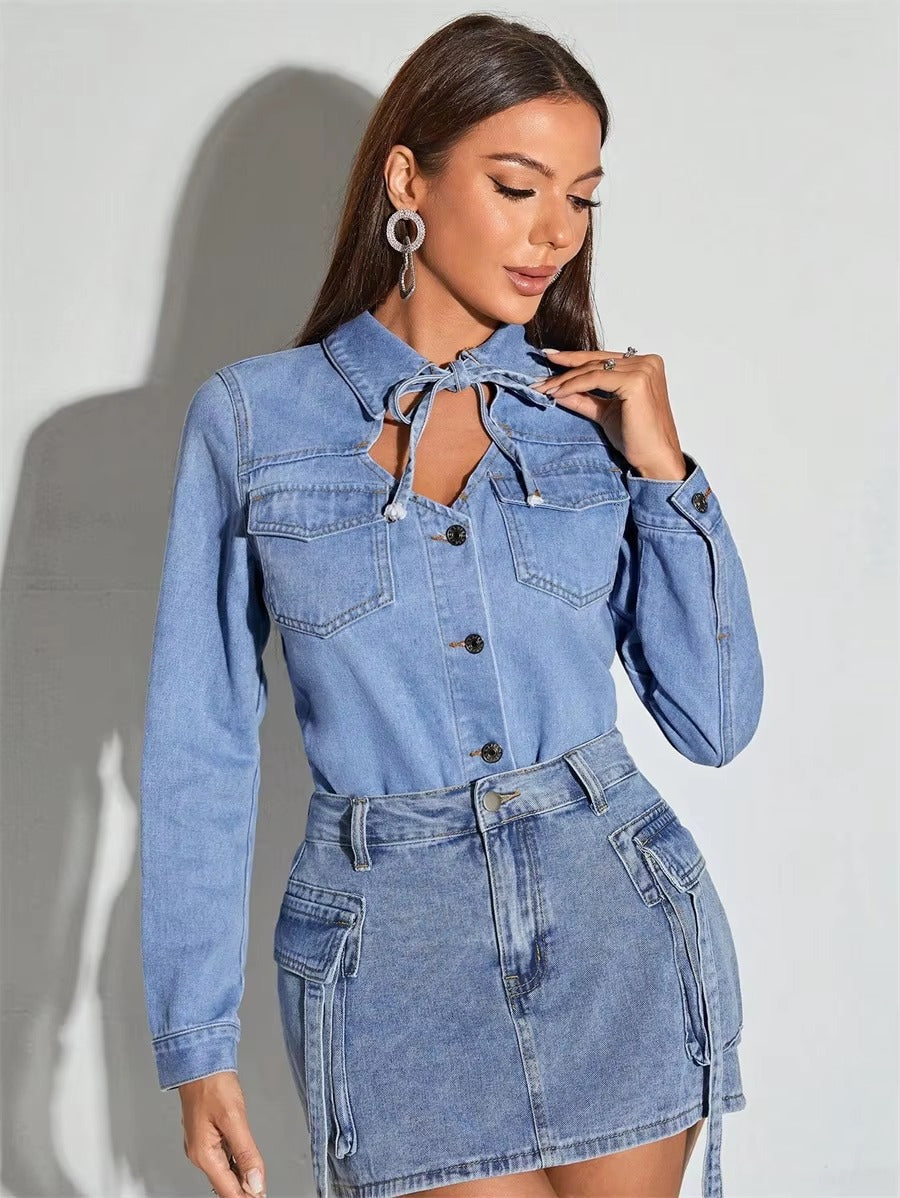 Casual Turn-down Collar Tie Front Denim Retro Long Sleeve Button Up Jean Shirt Top Mssza