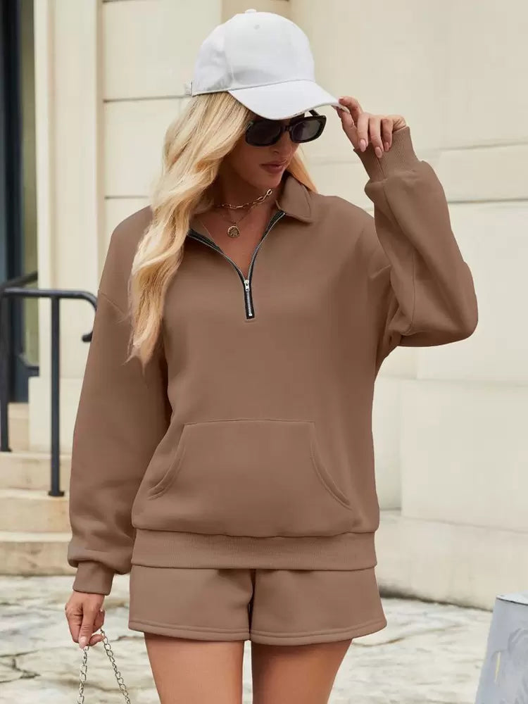 Turndown Neck Zipper Casual Street Wear Raised Elegant And Vintage Pant Set Mssza
