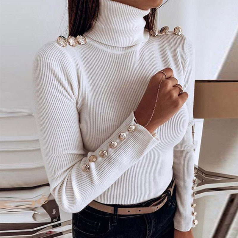 Turtle Neck Metal Buttons Long Sleeve Solid Ribbed Knitted Blouse Mssza