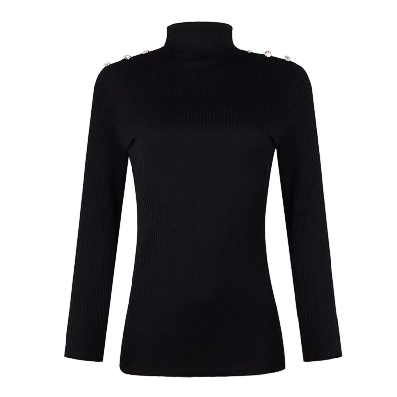 Turtle Neck Metal Buttons Long Sleeve Solid Ribbed Knitted Blouse Mssza