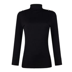 Turtle Neck Metal Buttons Long Sleeve Solid Ribbed Knitted Blouse Mssza