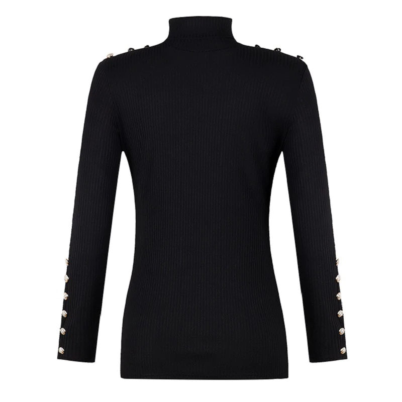 Turtle Neck Metal Buttons Long Sleeve Solid Ribbed Knitted Blouse Mssza