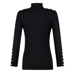 Turtle Neck Metal Buttons Long Sleeve Solid Ribbed Knitted Blouse Mssza