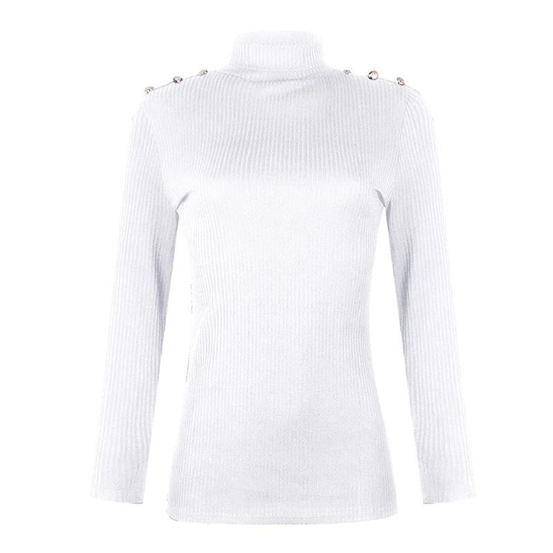Turtle Neck Metal Buttons Long Sleeve Solid Ribbed Knitted Blouse Mssza