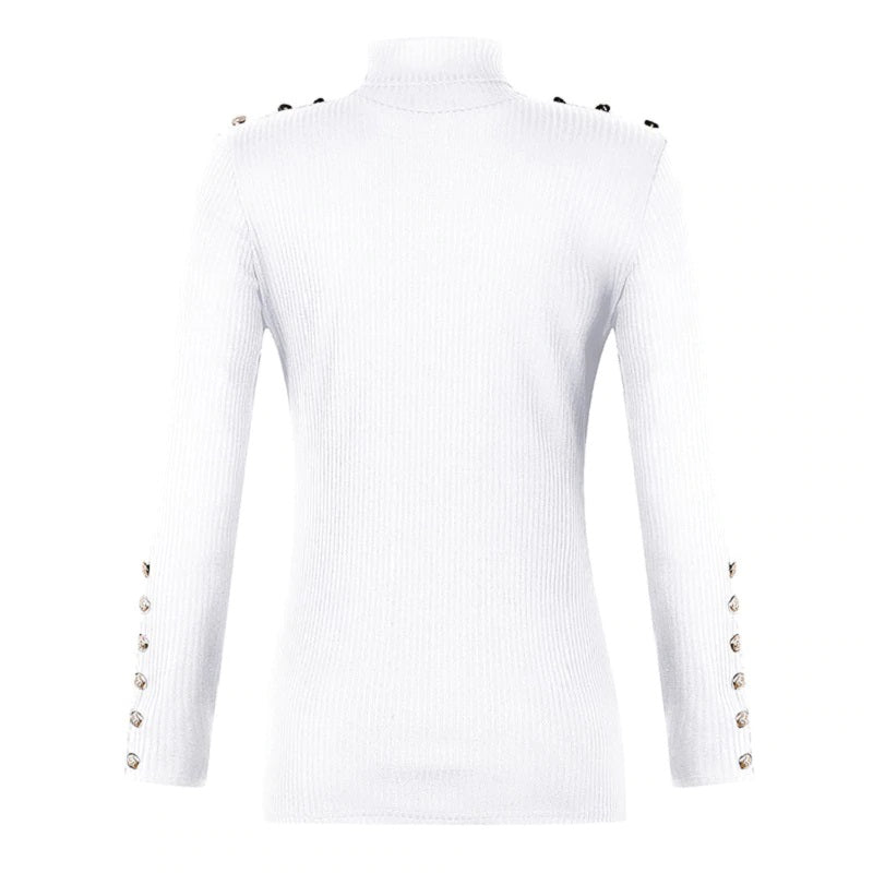 Turtle Neck Metal Buttons Long Sleeve Solid Ribbed Knitted Blouse Mssza