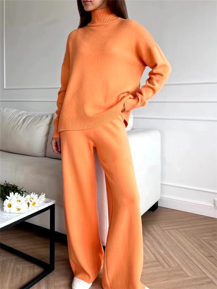 Turtleneck Sweater and Straight Jogging Pants Knitted 2 Pieces Set Mssza