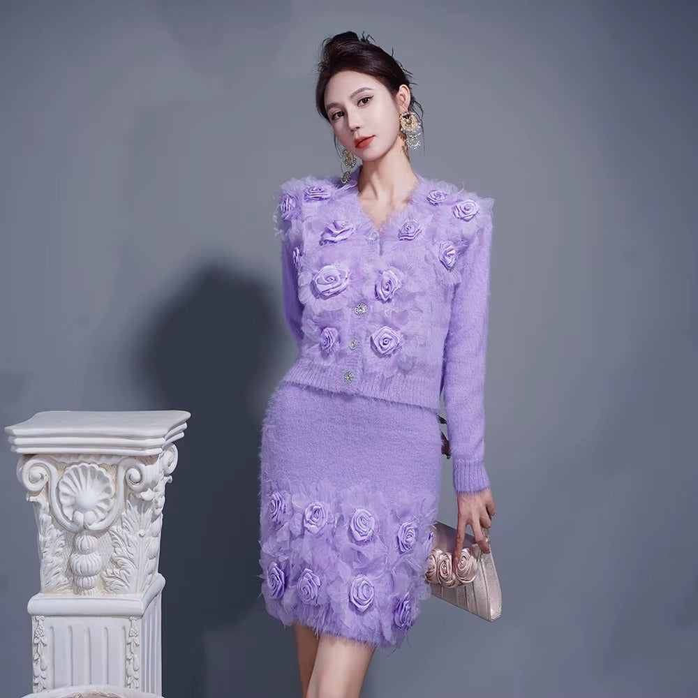 Solid Two Piece Set V Neck Long Sleeve Top High Waist Skirts Spliced Appliques Sets Mssza