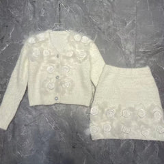 Solid Two Piece Set V Neck Long Sleeve Top High Waist Skirts Spliced Appliques Sets Mssza