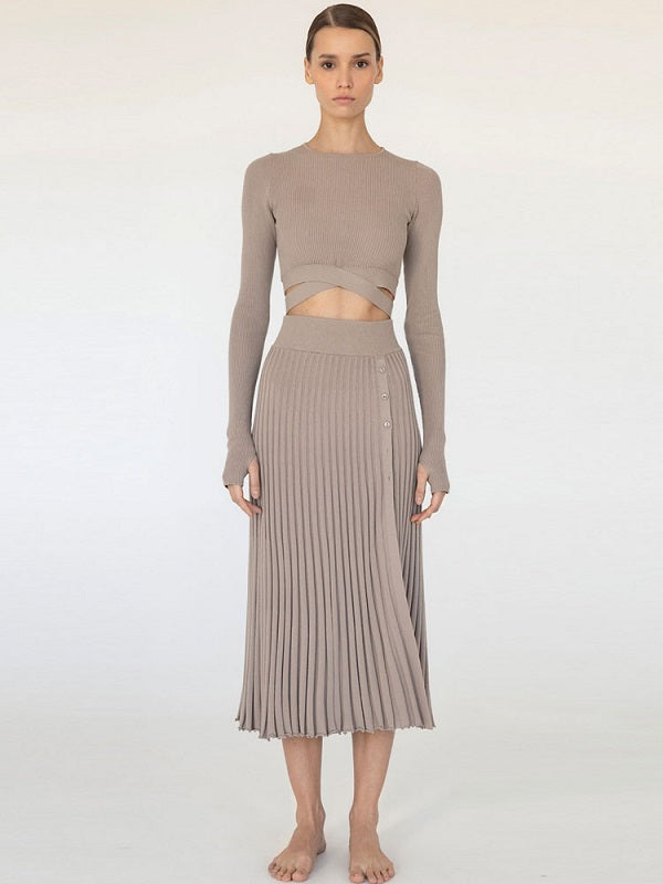 Two Piece Sets Buttons Lace Up Casual Skirt Blouse Outfit Mssza
