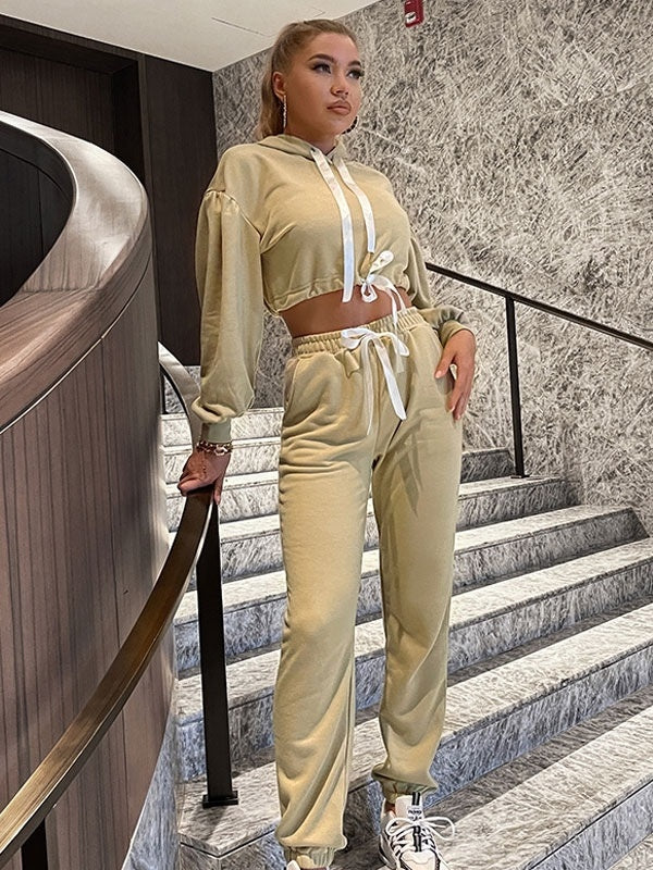 Two Piece Sets Drawstring Stretch Casual Hoodies Pants Outfit Mssza
