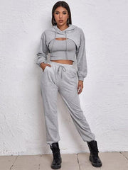 3 Piece Sportswear Casual Hollow Hoodies Waist Elastic Sweatpants Suit Mssza