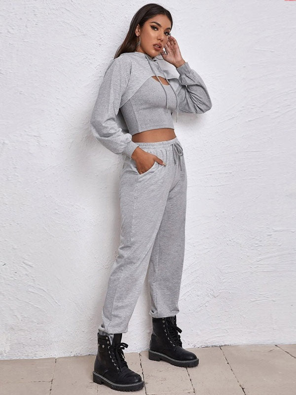 3 Piece Sportswear Casual Hollow Hoodies Waist Elastic Sweatpants Suit Mssza