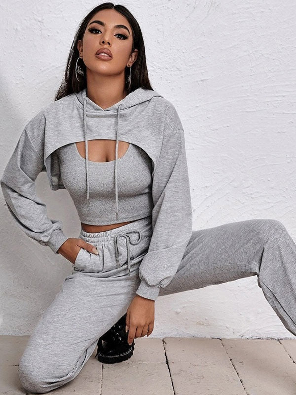 3 Piece Sportswear Casual Hollow Hoodies Waist Elastic Sweatpants Suit Mssza