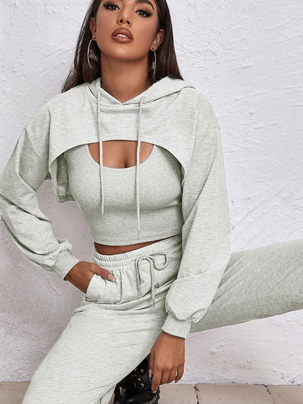 3 Piece Sportswear Casual Hollow Hoodies Waist Elastic Sweatpants Suit Mssza