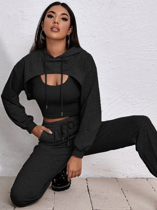 3 Piece Sportswear Casual Hollow Hoodies Waist Elastic Sweatpants Suit Mssza