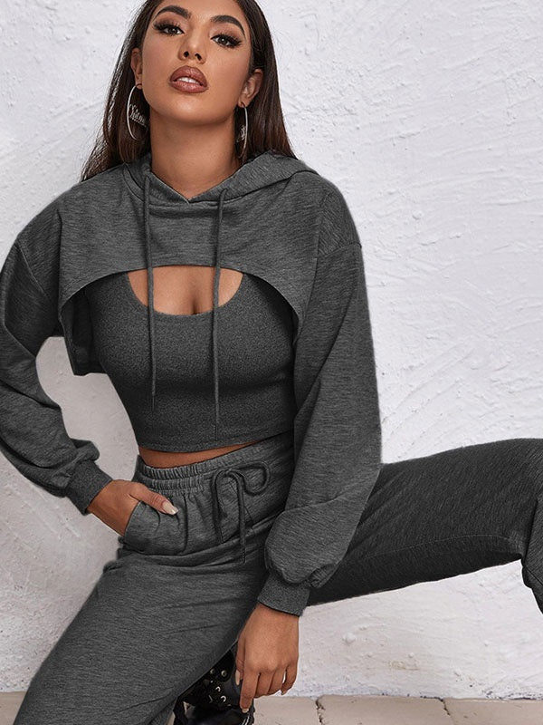 3 Piece Sportswear Casual Hollow Hoodies Waist Elastic Sweatpants Suit Mssza
