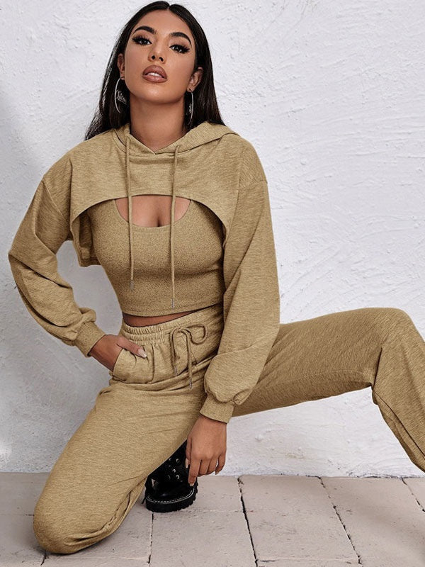 3 Piece Sportswear Casual Hollow Hoodies Waist Elastic Sweatpants Suit Mssza