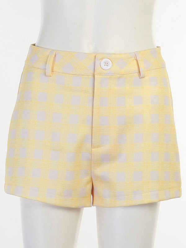 Two Piece Sets Plaid Pattern Piping Pockets Shorts Blouse Outfit Mssza