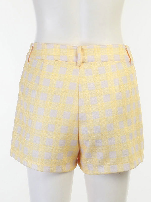 Two Piece Sets Plaid Pattern Piping Pockets Shorts Blouse Outfit Mssza