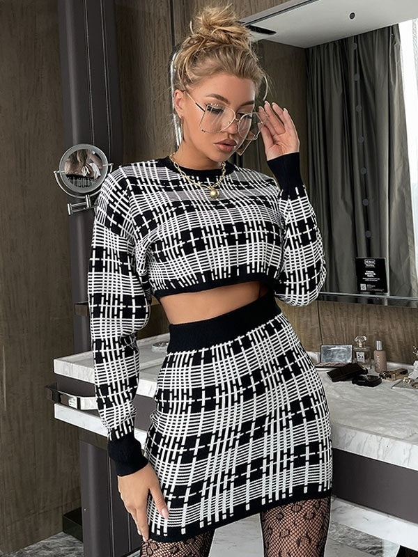 Two Piece Sets Plaid Pattern Skirt Jewel Neck Stretch Outfit Mssza