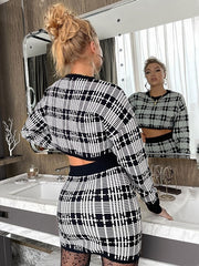 Two Piece Sets Plaid Pattern Skirt Jewel Neck Stretch Outfit Mssza