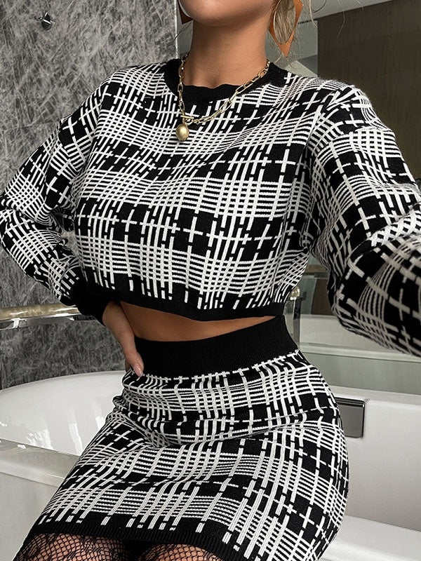Two Piece Sets Plaid Pattern Skirt Jewel Neck Stretch Outfit Mssza