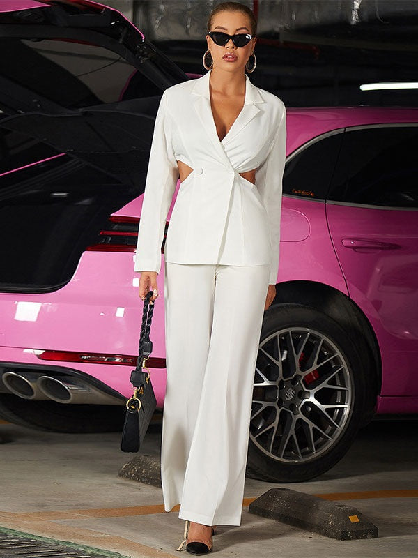 Two Piece Sets Pleated Cut Out Pants V Neck Stretch Outfit Mssza