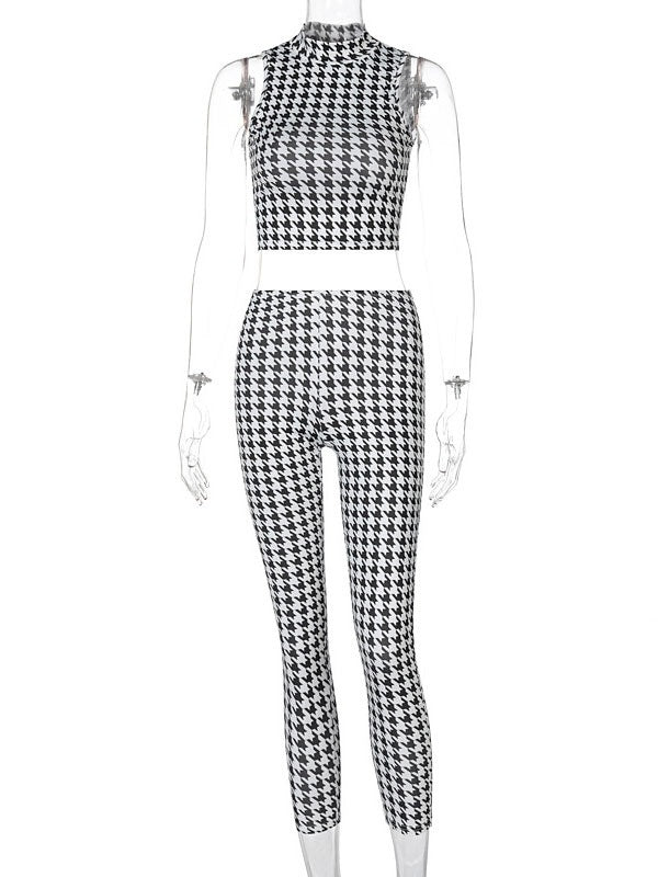 Two Piece Sets Pleated Plaid Pattern Casual Pants Outfit Mssza
