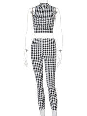 Two Piece Sets Pleated Plaid Pattern Casual Pants Outfit Mssza