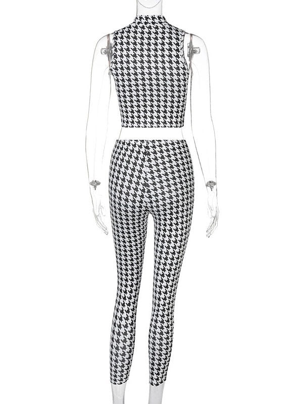 Two Piece Sets Pleated Plaid Pattern Casual Pants Outfit Mssza
