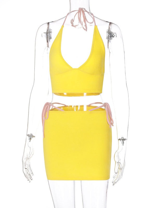 Two Piece Sets Pleated Sleeveless Straps Neck Casual Top Outfit Mssza
