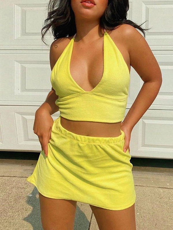Two Piece Sets Pleated Sleeveless Straps Neck Casual Top Outfit Mssza