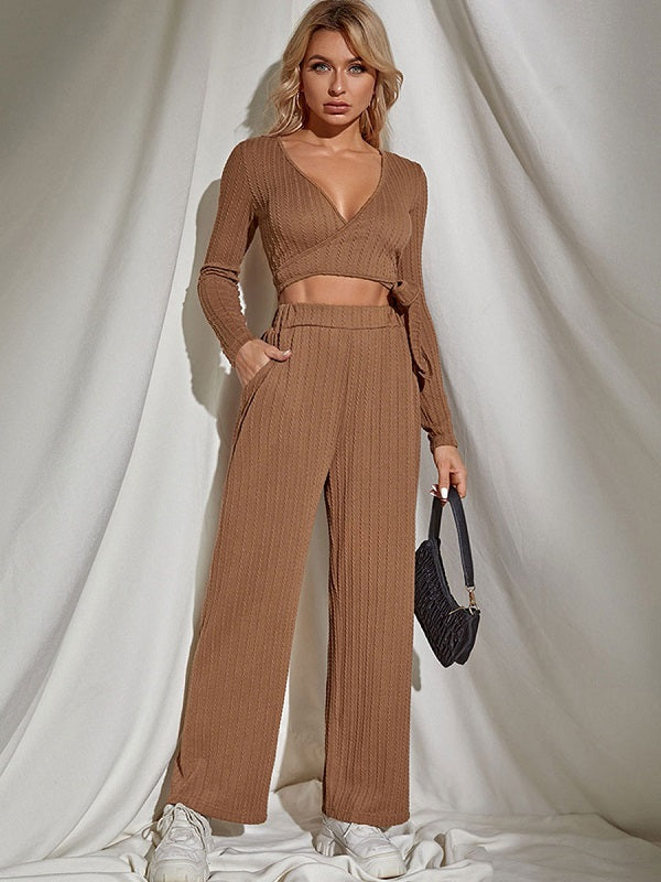 Two Piece Sets Polyester Lace Up Casual Pants Blouse Outfit Mssza