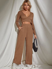 Two Piece Sets Polyester Lace Up Casual Pants Blouse Outfit Mssza