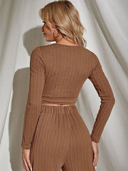 Two Piece Sets Polyester Lace Up Casual Pants Blouse Outfit Mssza
