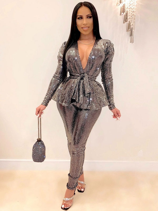 Two Piece Sets Polyester Lace Up Geometric V-Neck Outfit Mssza