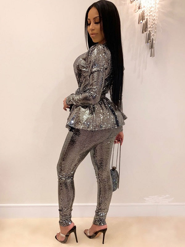 Two Piece Sets Polyester Lace Up Geometric V-Neck Outfit Mssza