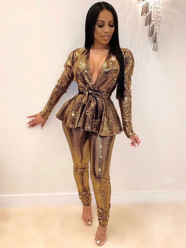 Two Piece Sets Polyester Lace Up Geometric V-Neck Outfit Mssza
