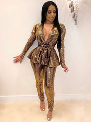 Two Piece Sets Polyester Lace Up Geometric V-Neck Outfit Mssza