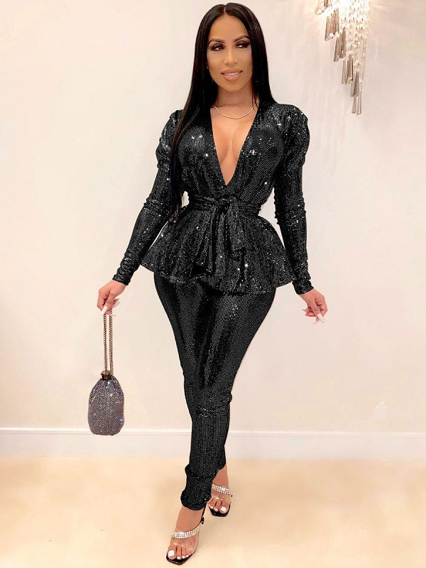 Two Piece Sets Polyester Lace Up Geometric V-Neck Outfit Mssza