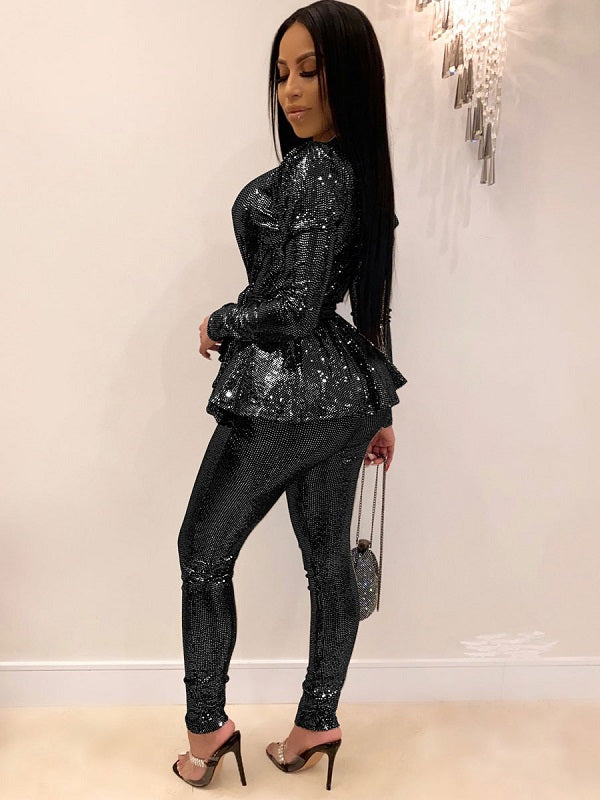 Two Piece Sets Polyester Lace Up Geometric V-Neck Outfit Mssza
