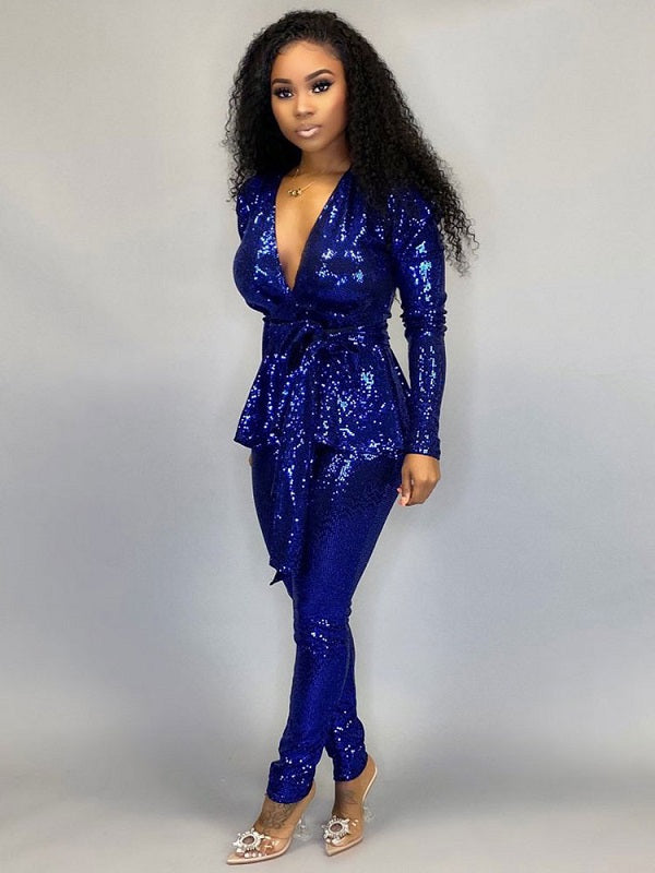 Two Piece Sets Polyester Lace Up Geometric V-Neck Outfit Mssza
