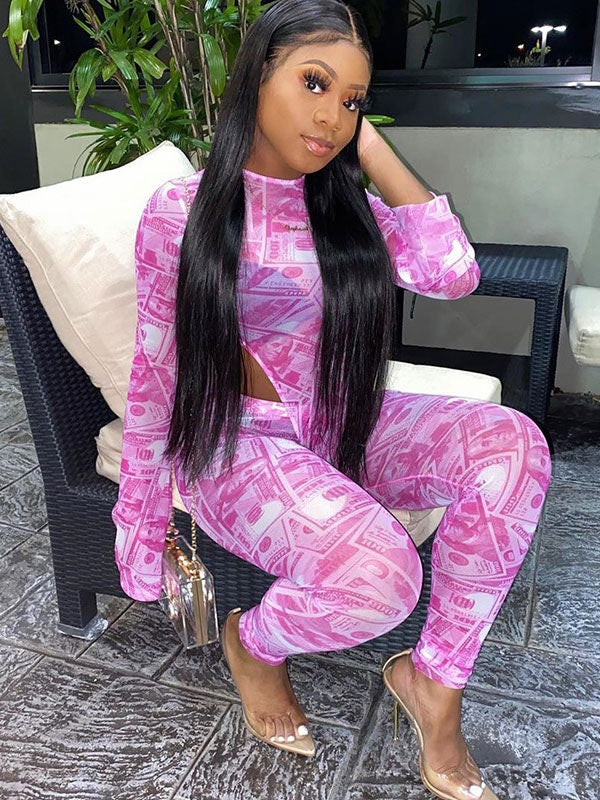 Two Piece Sets Polyester Printed Zipper Casual Pants Outfit Mssza