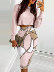Two Piece Sets Polyester Top Blouse Bodycon Skirt Outfit Mssza