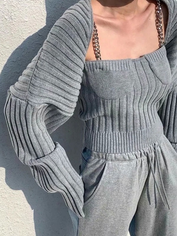 Two Piece Sets Polyester V Neck Chains Casual Top Outfit Mssza