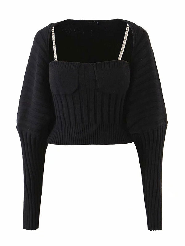 Two Piece Sets Polyester V Neck Chains Casual Top Outfit Mssza