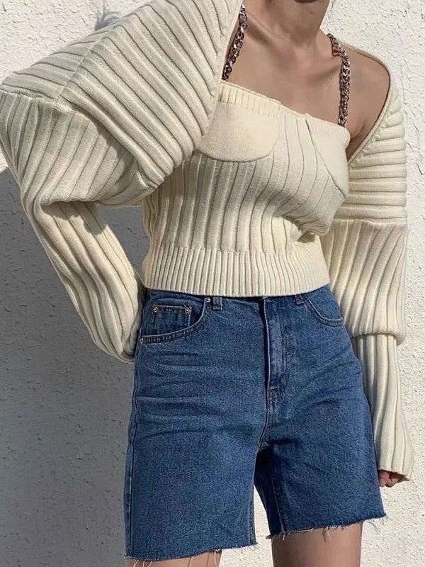 Two Piece Sets Polyester V Neck Chains Casual Top Outfit Mssza