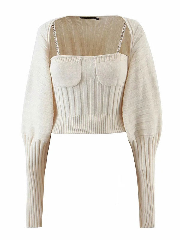 Two Piece Sets Polyester V Neck Chains Casual Top Outfit Mssza