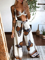 Two Piece Sets Sweetheart Neck Print Pants Casual Outfit Mssza