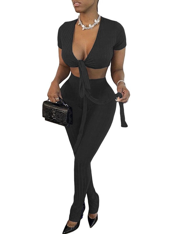 Two Piece Sets V-Neck Split Front Lace Up Casual Outfit Mssza